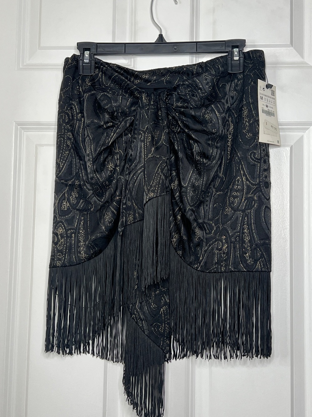 Zara Black and Gold Paisley Fringe Skirt